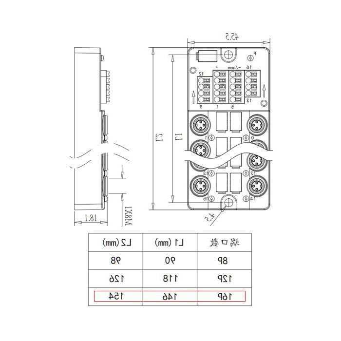 M8分线盒、单通道、NPN、16端口分体式、带LED 、带顶盖和电缆 、23NT16