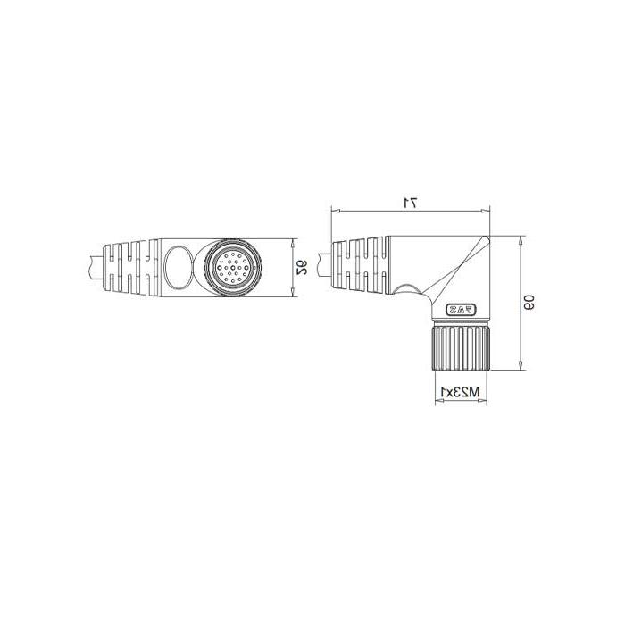 M23 19Pin、母头90°、单端预铸PVC非柔性电缆、灰色护套、68LB61-XXX