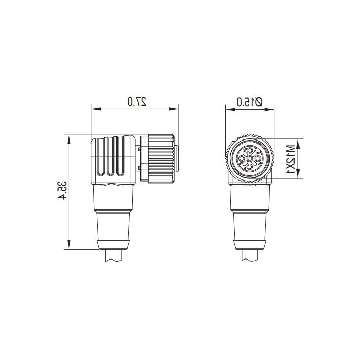 M12 5Pin、引脚5黄绿、母头90°、带LED灯、单端预铸PUR柔性电缆、灰色护套、64S309-XXX